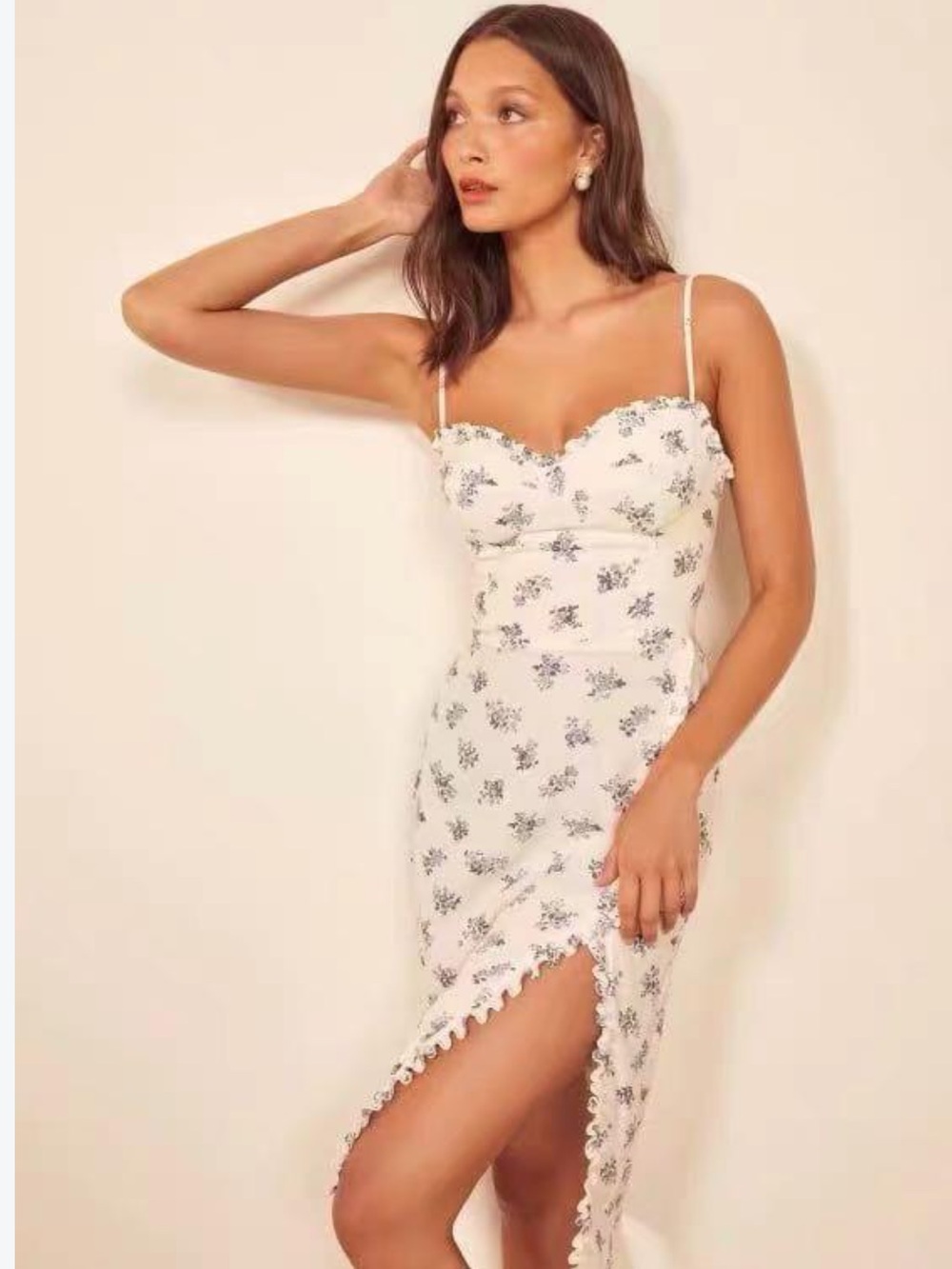 Reformation Cream Slip Dress with Blue Floral Print